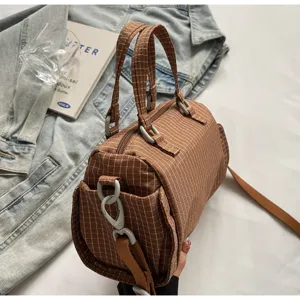 Bruine ruit canvas vat handtas casual crossbody schoudertas voor dames dagelijkse woon-werkverkeer
