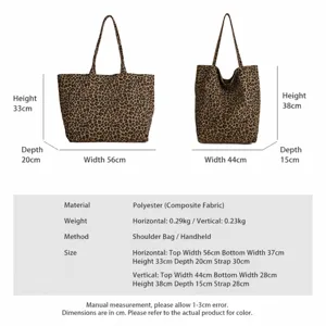 Leopard print canvas tote bag for women, casual large capacity shoulder and handbag size chart.
