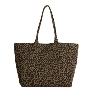 Leopard print canvas tote bag for women, casual large capacity single shoulder handbag.