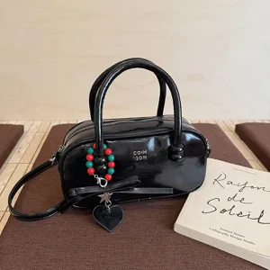 Damen Vintage Lackleder Bowling Tasche Top Handle Henkeltasche Süße Schleife Perlenanhänger Umhängetasche