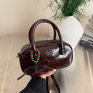 Vintage Lackleder Bowling Handtasche stilvolle Retro Schulter Umhängetasche Damen