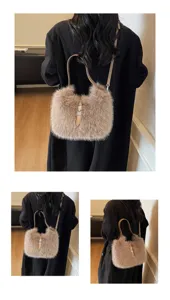 Fashion plush shoulder bag for women, cozy faux fur bucket handbag with metal lock strap.