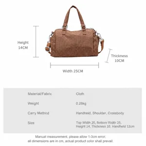 Bruine geruite canvas schoudertas casual crossbody tas met gedetailleerde maattabel en maten