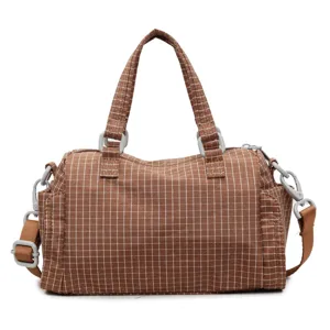 Bruine geruite schoudertas casual shopper handtas met handvat en verstelbare riem hoofdaanzicht.