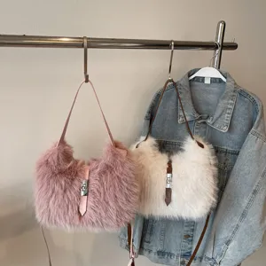 Fluffy plush shoulder bag for women, stylish autumn winter bucket handbag with metal lock.