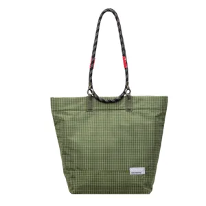 Green grid tote bag with rope handles, large capacity casual shoulder bag for daily use.
