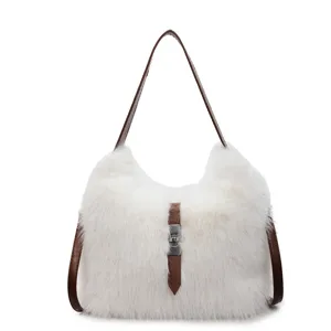 Stylish white fluffy plush shoulder bag for women, luxury winter hobo handbag design.
