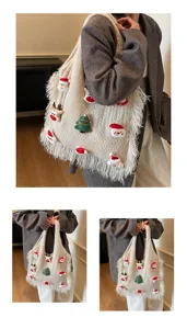 Christmas knit tote bag with plush Santa decorations, casual large capacity shoulder bag.