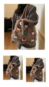 Christmas knit tote bag with cute plush Santa and reindeer decorations, large capacity shoulder bag.