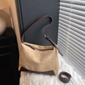 Retro Wildleder Hobo Umhängetasche für Damen, elegante Kontrastleder Pendler Handtasche.