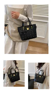 Black monogram bucket bag women tote shoulder crossbody purse with cute bear charm