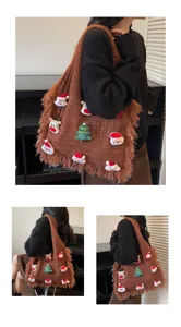 Christmas knit tote bag for women, large capacity casual shoulder bag with plush Santa decor.