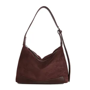 Dunkelbraune Wildleder Hobo Schultertasche fuer Damen, vintage Unterarm Umhaengetasche.