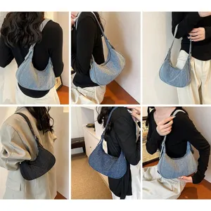 Denim underarm bag for women, stylish hobo shoulder bag and casual versatile dumpling bag.