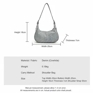 Grey denim shoulder bag underarm hobo bag casual retro dumpling bag for women daily use