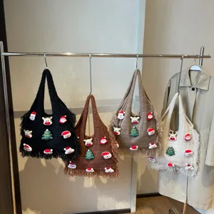 Christmas Knit Tote Bag For Women Large Capacity Casual Shoulder Bag Plush Santa Claus Print Winter Shopping Handbag
