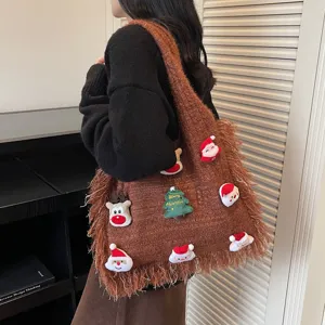 Christmas knitted tote bag for women, casual large capacity shoulder bag with cute plush patches.