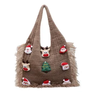 Christmas knit tote bag, large capacity brown shoulder bag with cute plush holiday patches.