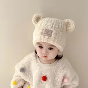 Cute baby plush bear ear hat kids winter warm windproof knitted cap with colorful pom poms