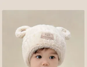 Kids cute plush bear ear winter hat detail view, soft warm fleece cap for toddler daily wear.
