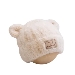 Cute kids winter plush bear ear hat, warm fuzzy fleece beanie cap for boys and girls.