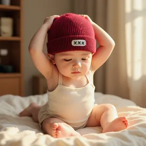 Detailed shot of cute baby wearing red knitted beanie hat, warm autumn winter headwear.