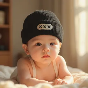 Cute baby wearing a black knit beanie winter warm hat with patch, front view main image.
