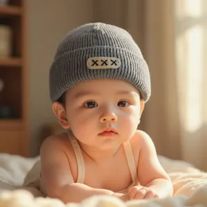 Grey knit baby beanie for autumn winter warm toddler hat cute infant headwear comfortable stylish