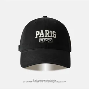 Classic black cotton baseball cap with white letter embroidery for sun protection.