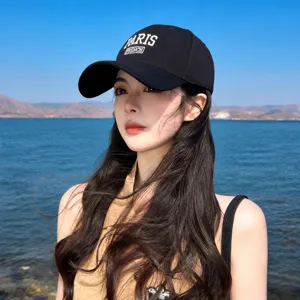 Black cotton baseball cap for women men, embroidered soft top dad hat sun protection.