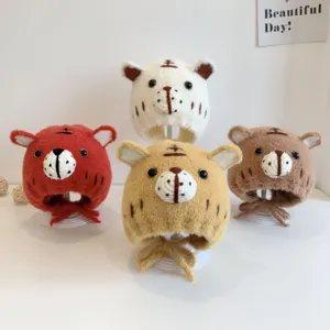 Cute baby plush tiger hat winter warm earflaps toddler knitted cap detail view display