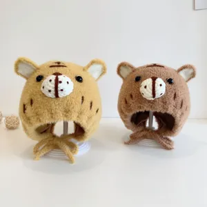 Cute infant toddler knit winter warm plush earflap hat sweet baby animal beanie cap 2pcs