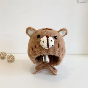 Cute infant plush warm ear protection hat detail, winter brown animal pullover hat for baby boy girl.