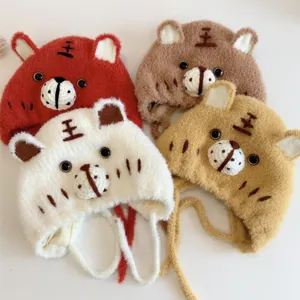 Cute infant plush tiger hat autumn winter warm fleece earflap cap for baby boys and girls