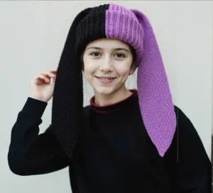 Cute Colorblock Knit Bunny Ear Beanie Hat Long Ears Winter Warm Knitted Cap For Women