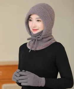 Winter fleece lined knitted hat and scarf set for women warm cycling beanie cap.