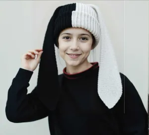 Black and white color block knit hat with cute long bunny ears for women autumn winter.
