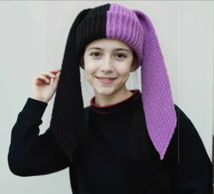Black purple split color knitted rabbit ear beanie hat cute warm winter hat detail view