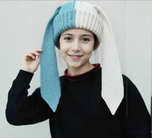 Cute colorblock bunny ear knit beanie hat for women, warm winter knitted earflap cap.