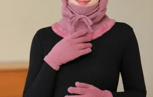 Winter women pink knitted integrated fleece warm hat scarf mask set with matching gloves.