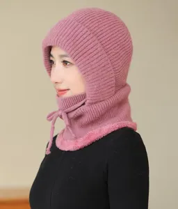 Winter knitted balaclava hat for women, thick fleece lined warm cap with scarf mask design.