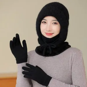 Detailed view of women's winter thick fleece-lined knitted one-piece hat, scarf and gloves set.