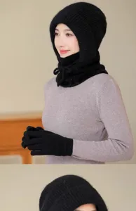 Black knitted integrated winter hat and scarf set with thick plush lining for women