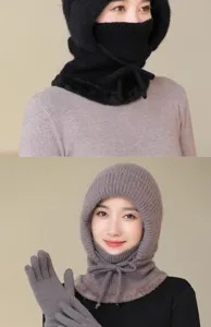 Winter warm knitted balaclava hat, thickened fleece-lined integrated cap, scarf and face mask.
