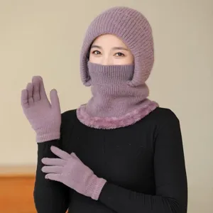 Women winter warm knitted hat scarf mask set with gloves fleece lined thick cycling beanie.