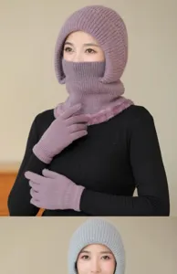 Close-up view of the winter fleece-lined knitted hat mask integrated set with warm gloves.