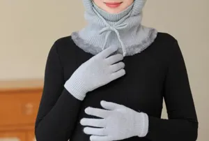 Women winter knit balaclava hat scarf set with warm fleece lining and matching gloves.