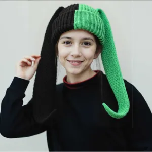 Color-blocked rabbit long ear knitted hat for women, cute winter warm cozy knit beanie cap