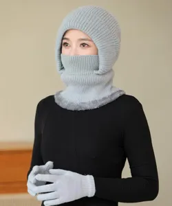 Women winter warm knitted hat integrated scarf mask and gloves set thick fleece cycling cap