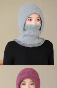 Women winter knitted warm hat scarf mask integrated thick fleece lined windproof riding cap